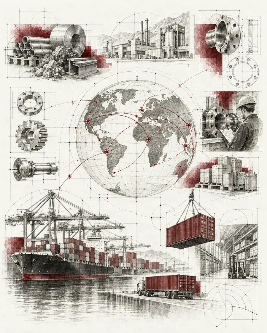 Global industrial sourcing, supplier evaluation and procurement logistics illustration
