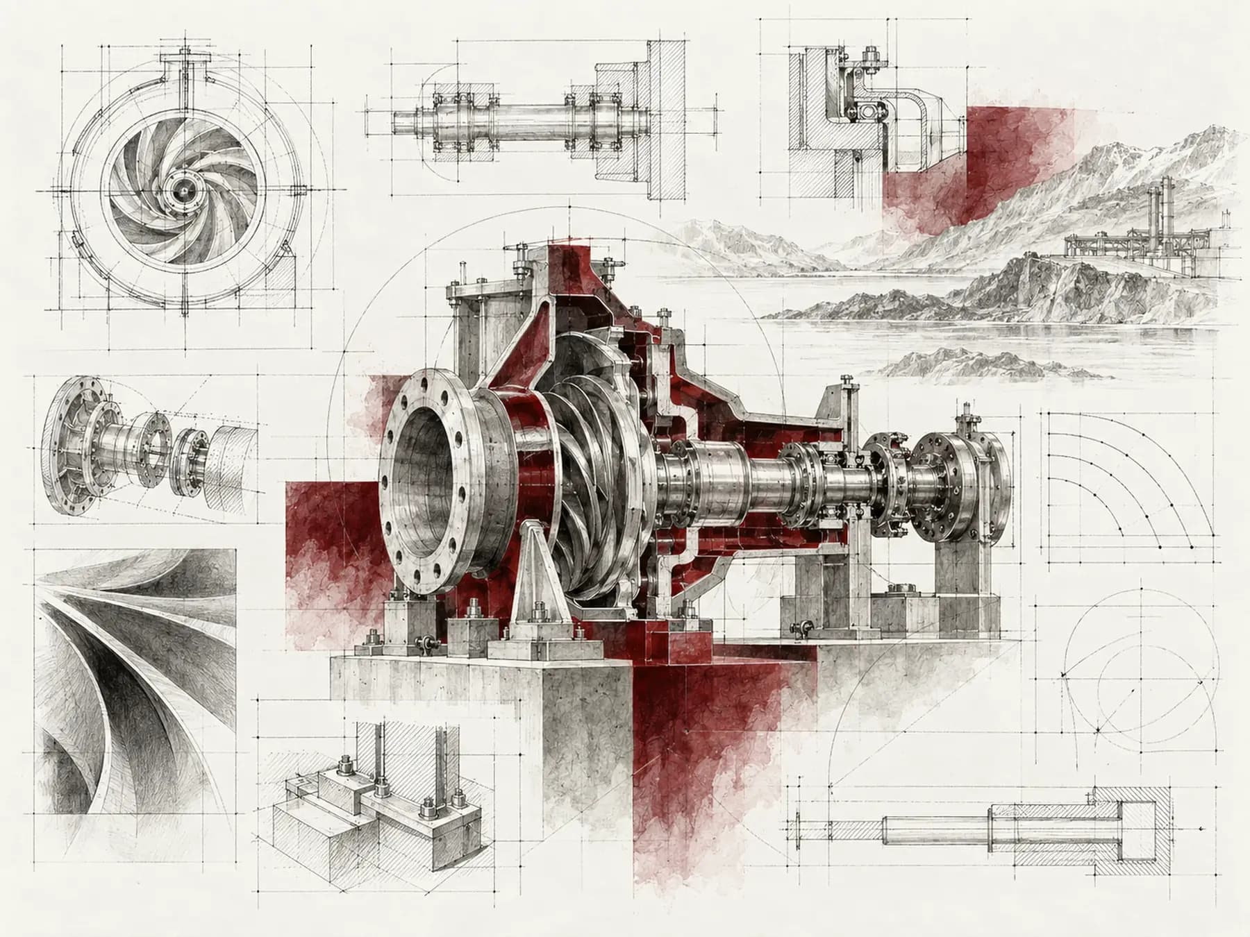 Industrial engineering research and technical drawing illustration