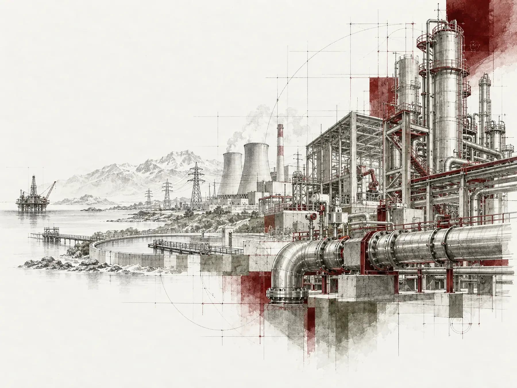 Oil and gas, energy, petrochemical and industrial infrastructure technical illustration